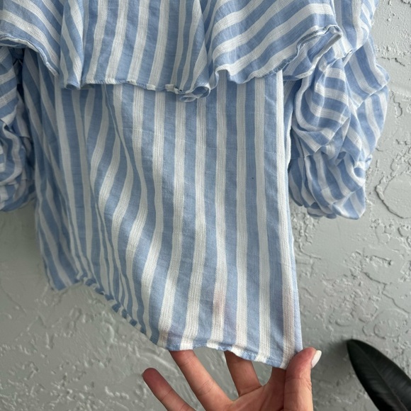 ZARA Striped Light Blue & White Off the Shoulder 3/4 Ruffled sleeves Crop Top, L - Picture 7 of 13